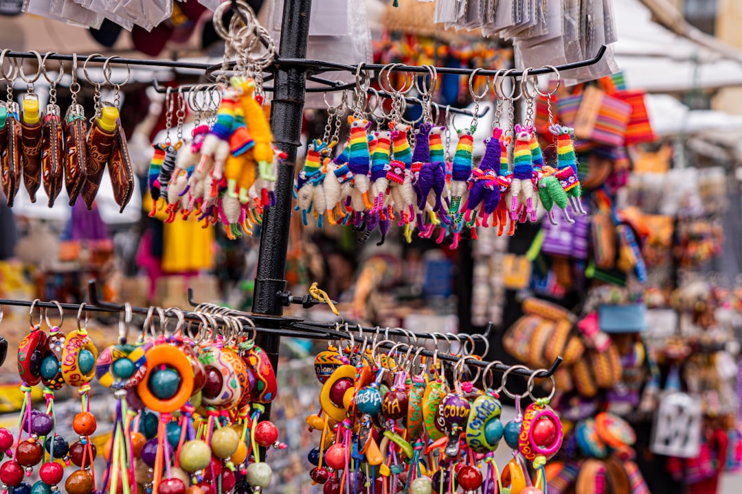 Colorful trinkets and souvenirs displayed at a market stall.